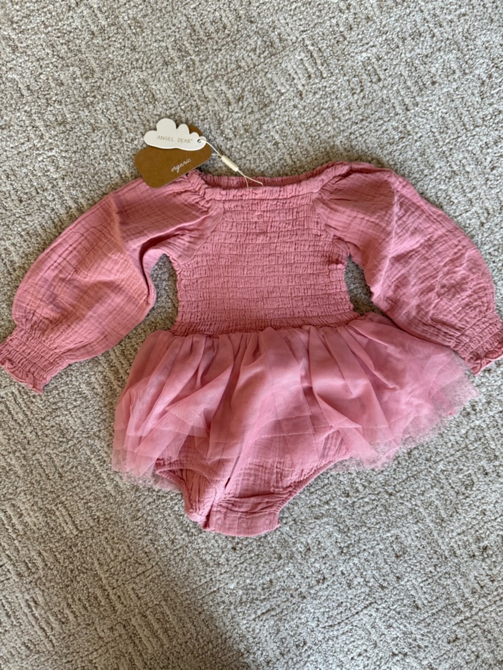 Angel Dear Dusty Pink Tulle Bodysuit with Smocked Bodice